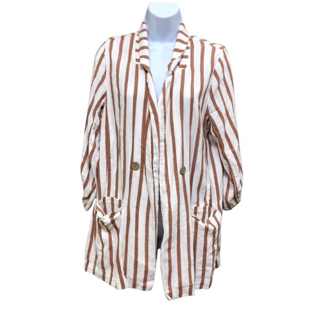 Warehouse One Off White/Brown Open Front Striped
Slouchy Unlined Blazer